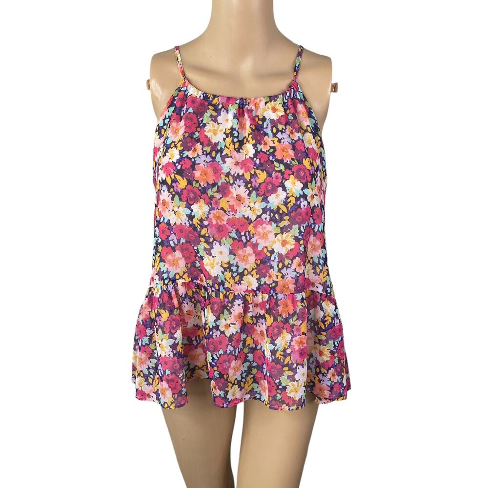 NWT Veronica M Pink Ditsy Floral Peplum Tank S | Coquette Ruffle Swing Top